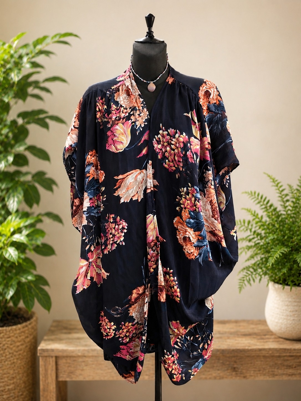 UMGEE Navy Floral Kimono Cardigan - Pink & Peach Blooms